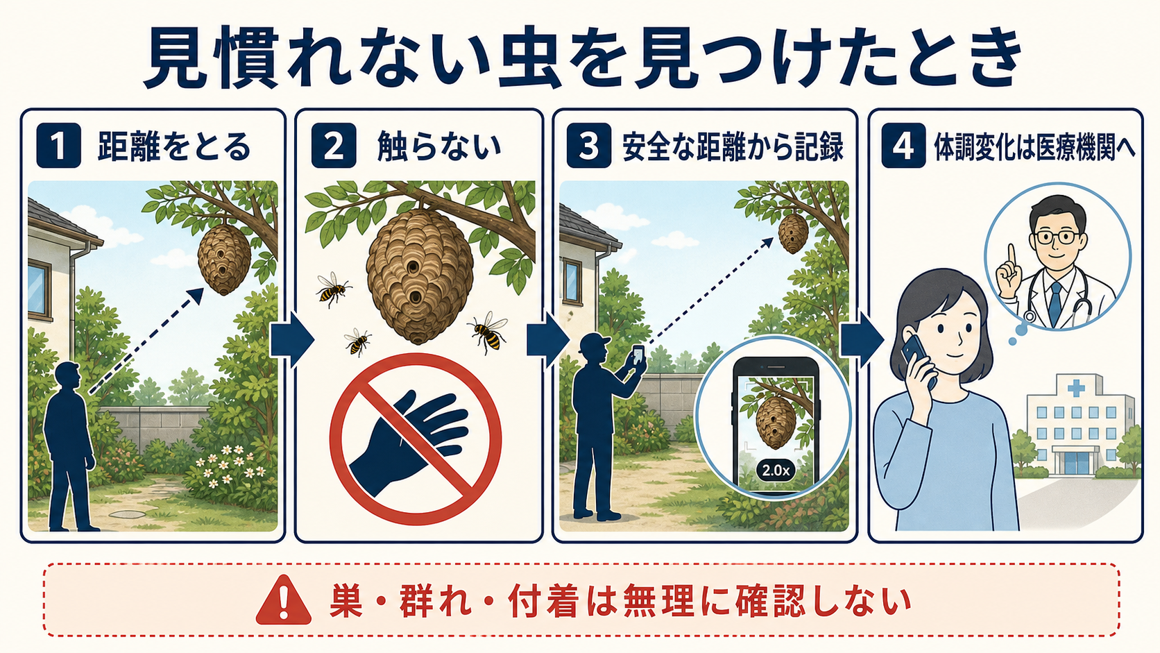 見慣れない虫を見つけたときに距離を取り、触らず、写真と場所を記録し、体調変化は医療機関へ相談する4段階の図解