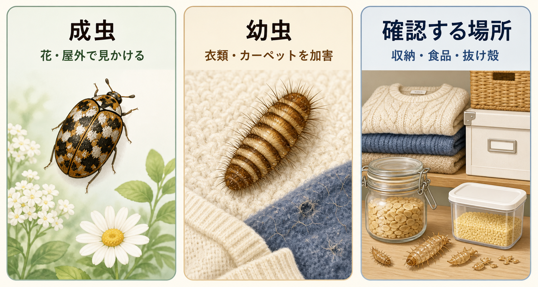 ヒメマルカツオブシムシの成虫・幼虫・確認する場所を示した3分割図