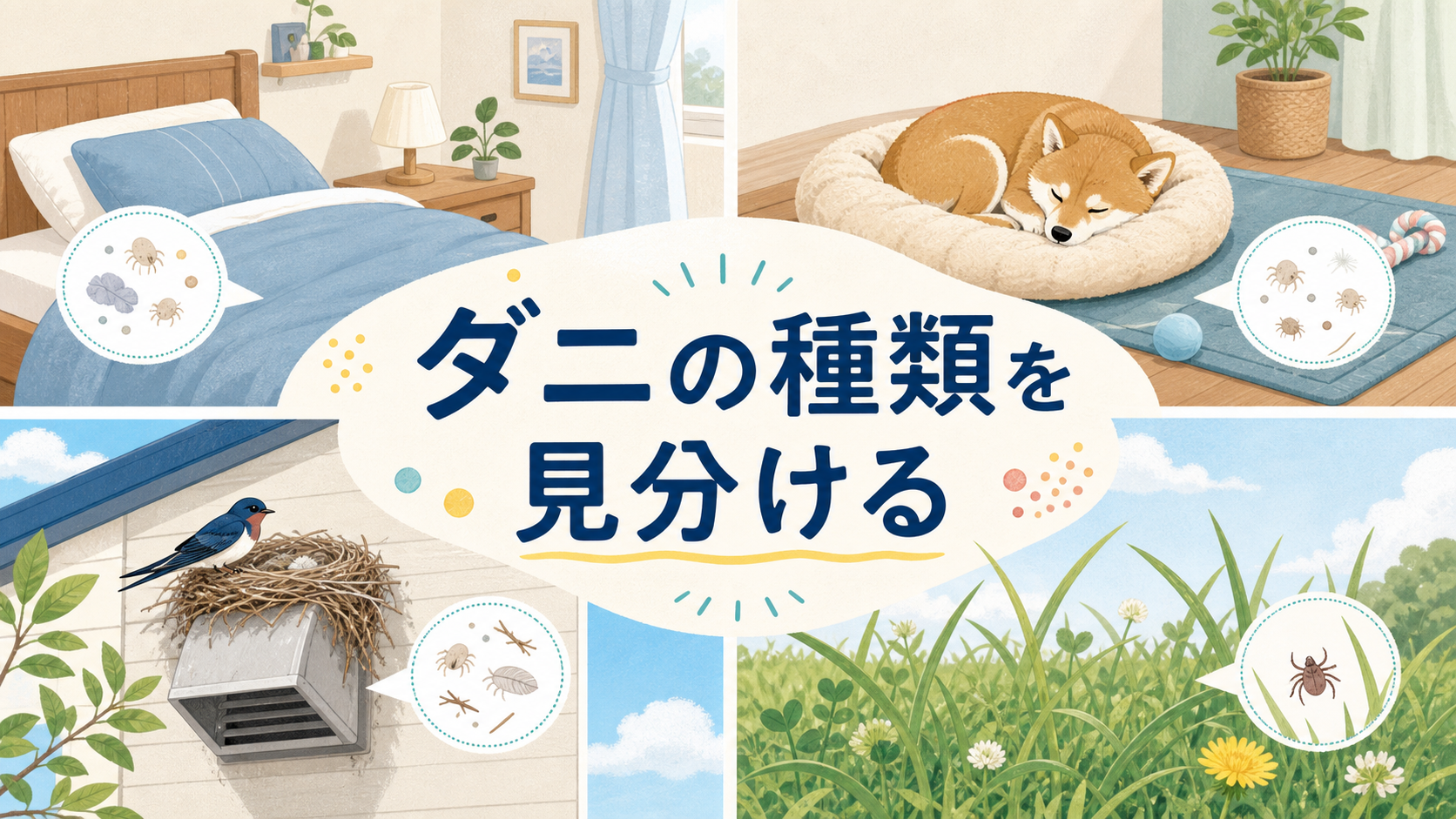 ダニの種類を見分ける｜布団・ペット・鳥の巣・草むらで確認する場所