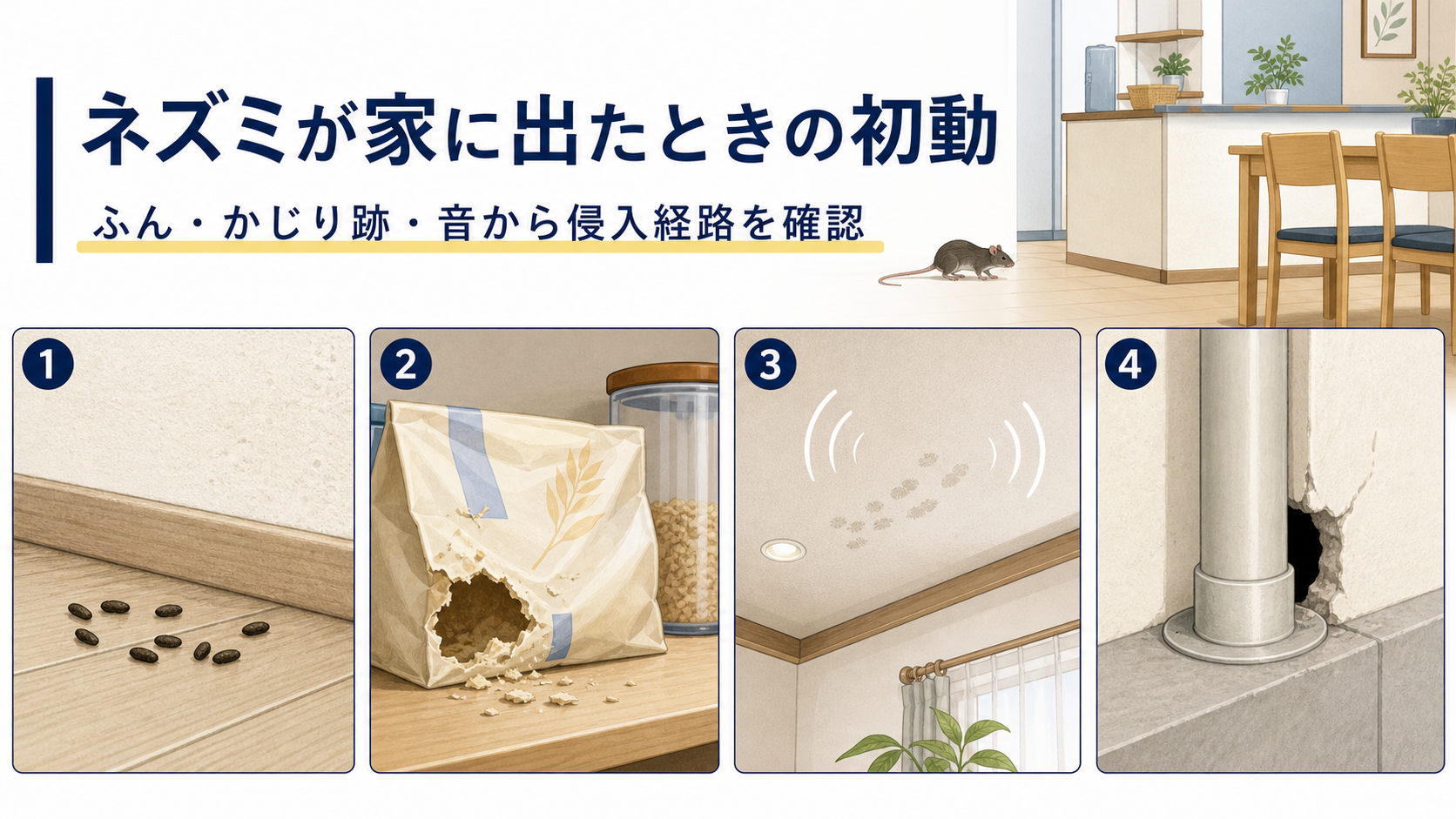 ネズミが家に出たときの初動｜ふん・かじり跡・音から侵入経路を確認