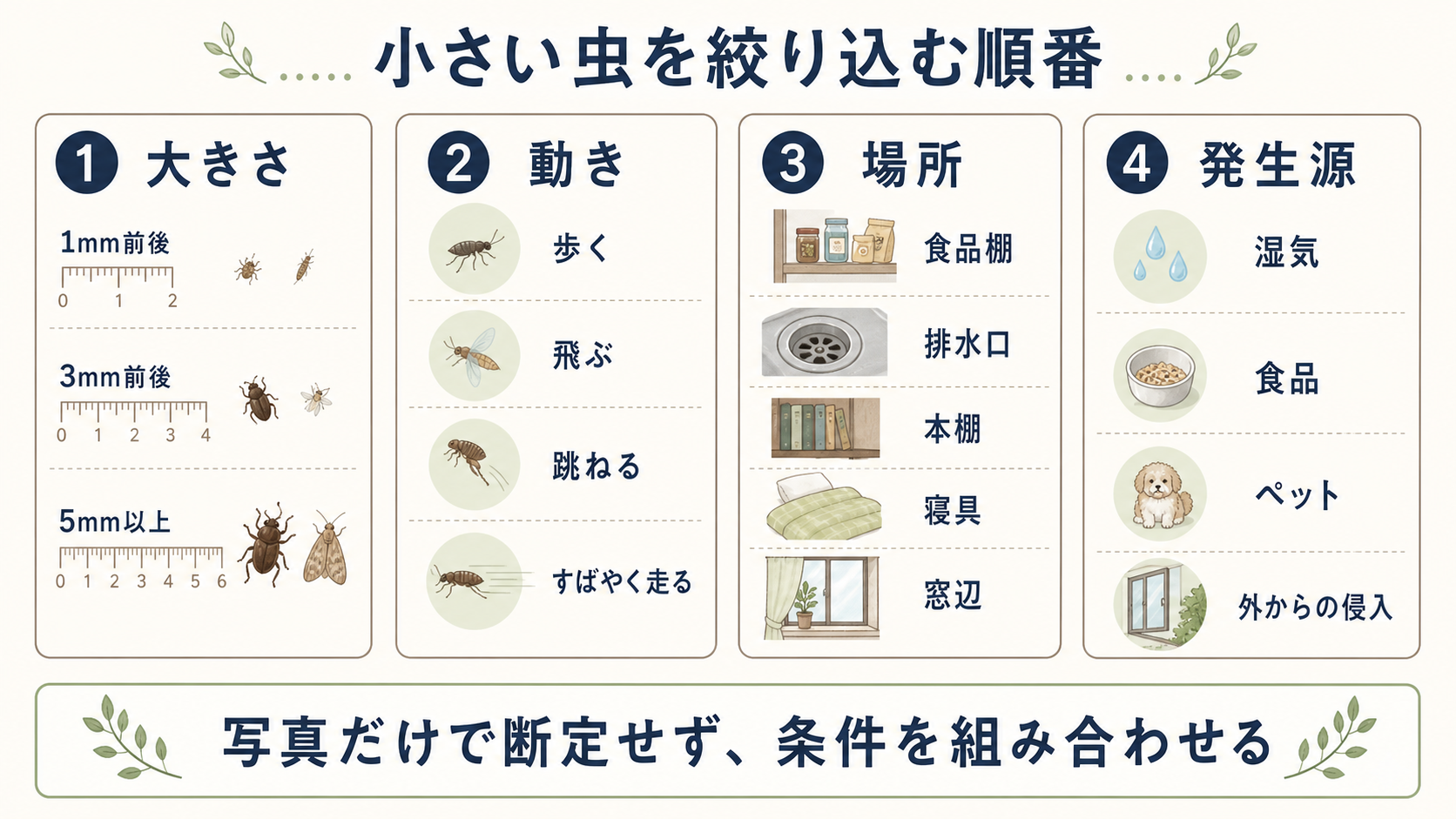 家に出る小さい虫を大きさ、動き、場所、発生源の4条件から絞り込む図解