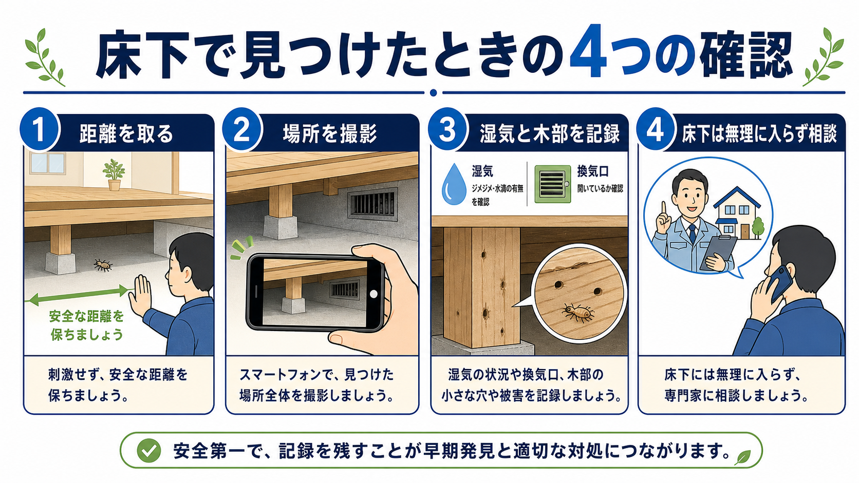 床下で害虫や木材のサインを見つけたときに距離を取り、場所を撮影し、湿気と木部を記録し、床下へ入らず相談する4手順の図解